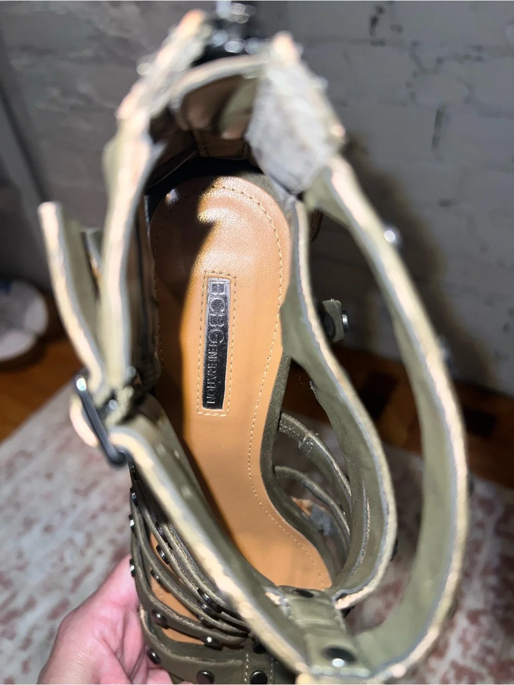 BCBGeneration Olive Green Strappy Studded Heels